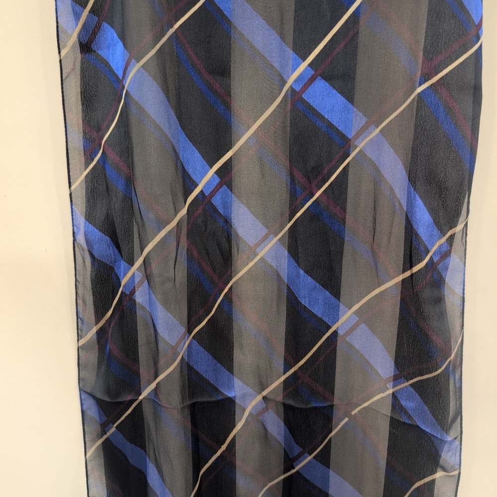 Laura Ashley Plaid Scarf Blue Black Tan Sheer Polyester Neckwear - Picture 3 of 6